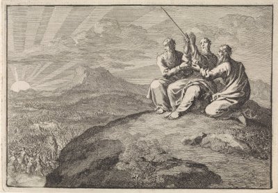 Aarão e Hur sustentam as mãos de Moisés durante a batalha do povo de Israel contra os amalequitas de Jan Luyken