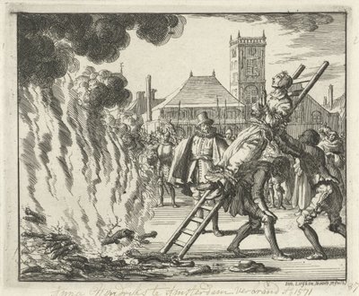 Anneken Hendriks, amarrada em uma escada, queimou em Amsterdã, 1571, 1685 de Jan Luyken