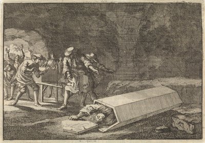 Os funerários em Roma vêem que Antonio Marlini, que tinham enterrado num cofre alguns dias antes, deve então ter estado aparentemente morto, 1696 de Jan Luyken