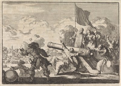 Cerco de Groningen durante o qual um canhão é abençoado por seis monges, 1672 de Jan Luyken