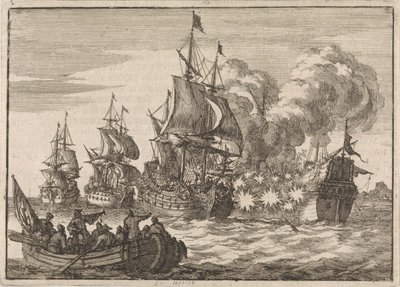 Perto de Valência, o almirante espanhol Papachino é atacado por três navios franceses sob o comando do almirante Tourville por não ter saudado com a rapidez suficiente, 1688 de Jan Luyken