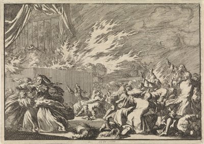 Incêndio de um barracão de madeira no qual se realiza uma representação teatral ao lado do castelo de Amelienborg em Copenhaga, 1689 de Jan Luyken