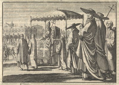 Christian IV, rei da Dinamarca, vestido como papa, imita uma procissão com seus cortesãos, 1596 de Jan Luyken