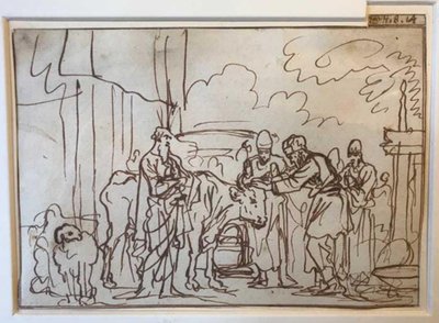 O touro é apresentado para a oferta pelo pecado, Aarão e os seus filhos colocam as mãos sobre a sua cabeça (Lev. 8,14) de Jan Luyken