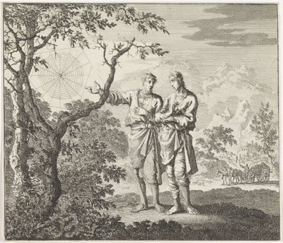 Emblema: aranha
Dois homens vêem uma teia de aranha de Jan Luyken