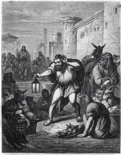 Esop e Cristo: o escritor grego Esop (Esop ou Esopus, século VI a.C.), com uma lanterna na mão, cruza um passeio entre personagens com cabeças de animais em busca de "um homem". Atrás dele, vemos Jesus Cristo. Ilustração inspirada na fábula "Esope a un de Jan Luyken