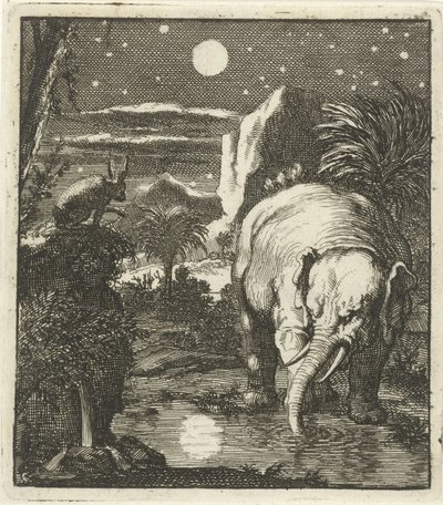 Lebre e elefante com lua cheia numa fonte de água de Jan Luyken