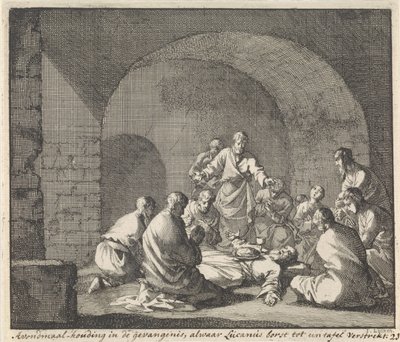 Santo Luciano celebra o jantar na prisão
Postura de comunhão numa prisão onde Lucianus fornece o peito a uma mesa (título sobre o objecto) de Jan Luyken