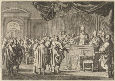 Reformado na Hungria perante um tribunal de bispos e outros romanistas, 1670 de Jan Luyken