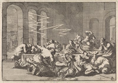 Na aldeia polaca de Perzyn, 23 pessoas são mortas por um relâmpago durante uma refeição baptismal, 1676 de Jan Luyken