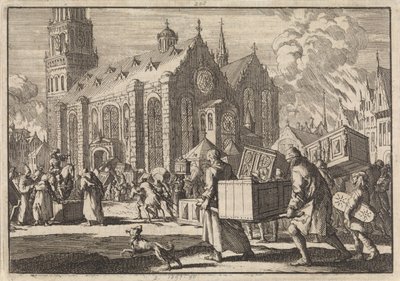 Os habitantes de Spires de boa fé trazem seus móveis para a catedral onde são posteriormente queimados pelo general francês Monclar, 1689 de Jan Luyken