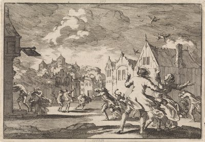 Os residentes de uma aldeia perto do Castelo de Luchow em Lüneburg são assolados por um turbilhão em que as aves caem mortas do céu, 1671 de Jan Luyken