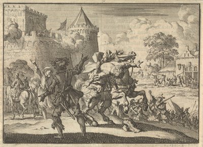 O comandante imperial Dampier cai do seu cavalo após ter sido baleado das paredes de Presburg (Bratislava), 1620 de Jan Luyken
