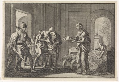 Mãe mostra aos guerreiros os restos de seu filho comido durante a fome em Jerusalém, 1704. de Jan Luyken