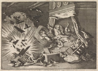 Explosão de uma bomba numa casa em Ebbingestraat, em Groningen, 1672 de Jan Luyken
