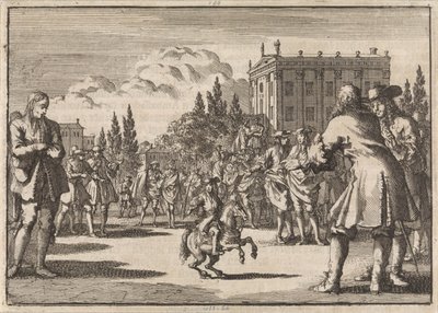 Em uma praça em Madrid uma multidão se reuniu em torno de Louisillo, o anão do rei da Espanha, 1675 de Jan Luyken