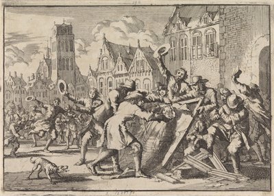 Motim em Dordrecht, durante o qual uma imagem de Cornelis de Witt é destruída pelo povo, 1672 de Jan Luyken