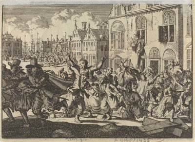 Revolta em Enkhuizen em que as casas dos vice-almirantes Kwast e Turk são destruídas, 1635 de Jan Luyken