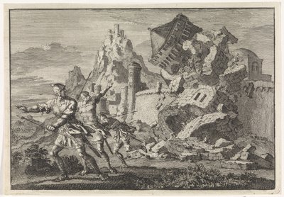 Soldados romanos causaram o colapso de uma torre na parede de Gamala devido a um corte inferior de Jan Luyken