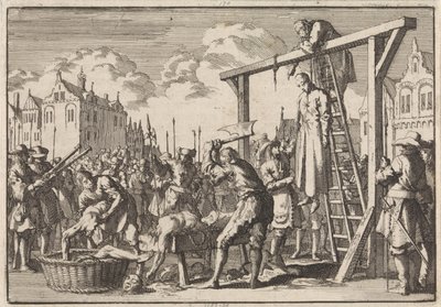 Em Londres, o jesuíta William Ireland é enforcado e John Grove é esquartejado por um suposto regicídio, 1679 de Jan Luyken