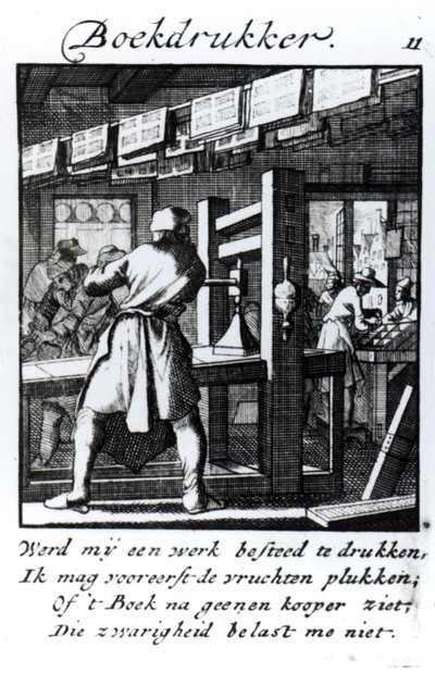 The Book Printer, do livro "Something for All" de Abraham van St. Clara, 1736 (gravura) de Jan Luyken