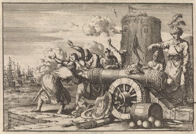 Durante o bombardeamento francês de Argel, o cônsul francês é carregado num canhão pelos argelinos e morto, 1683 de Jan Luyken