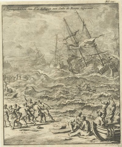 Naufrágio no Cabo da Boa Esperança, 1693 O Crashing of Three Ships no Cabo de Bonne Esperance (título no objeto) de Jan Luyken