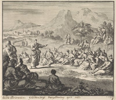 Os primeiros cristãos ouvem um sermão no deserto Reunião religiosa no campo (título no objeto) de Jan Luyken