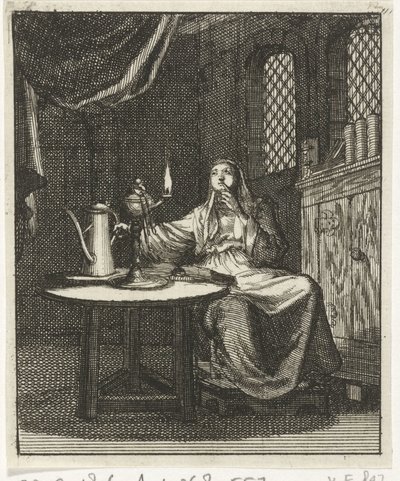Mulher contempla a chama de uma lamparina a óleo de Jan Luyken