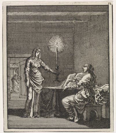 Mulher ilumina uma mulher lendo em um quarto escuro com uma vela de Jan Luyken