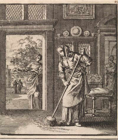 Mulher a varrer o chão de uma habitação de Jan Luyken