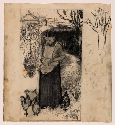 Annie Mankes-Zernike alimentando galinhas, certo: estudos de uma árvore e galinhas de Jan Mankes