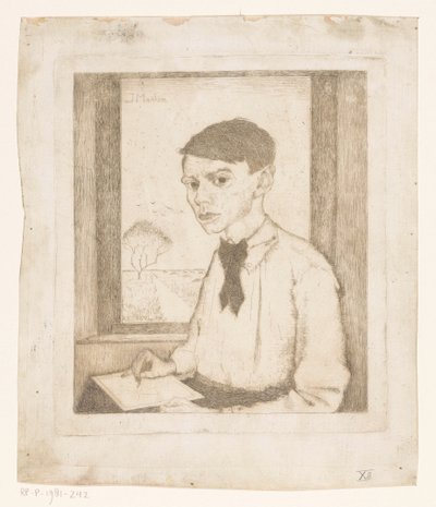 Desenho de autorretrato por uma janela de Jan Mankes