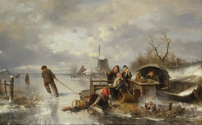 Crianças brincando em um lago congelado em uma paisagem de inverno (óleo sobre tela) de Jan Mari Henri Ten Kate