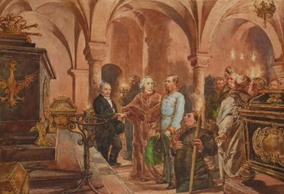 Polaco: Imperador em frente ao sarcófago do Rei Jan III Sobieski na cripta de São Leonardo na Catedral de Wawel de Jan Matejko