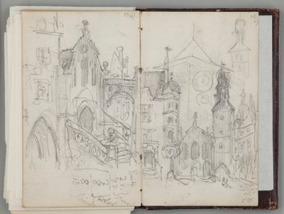 Caderno de esboços de Munique de Jan Matejko. Desenho de uma só face. Frente: estudo da antiga Marienplatz em Munique e estudo de torres. de Jan Matejko