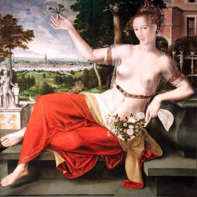 Neerlandês: Flora com a cidade de Antuérpia Flora em pano de fundo de Jan Matsys