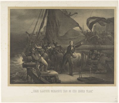 Jan van Speijk prestes a atirar o rastilho no porão, 1831
O seu último pensamento foi a honra da sua bandeira (título sobre o objecto) de Jan Mesker