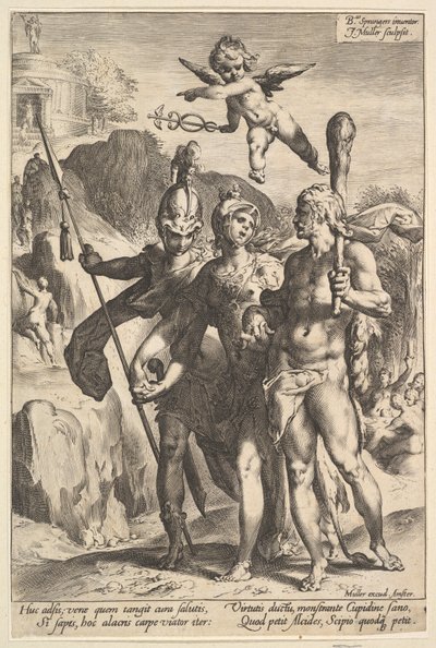Hércules Sendo Mostrada a Estrada Montanhosa para o Templo da Fama Imortal na Companhia..., ca. 1591. de Jan Muller