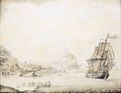 Um navio britânico ao largo da costa de Satalia (Turquia), em 1677, rodeado por uma costa rochosa, com antigas muralhas e minaretes. Óleo sobre madeira de Jan Peeters