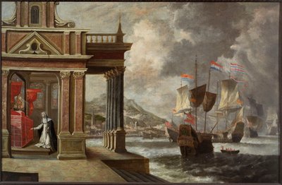 A Batalha de Lepanto: Santa Catarina de Ricci e o embarque, 1671. de Jan Peeters the Elder