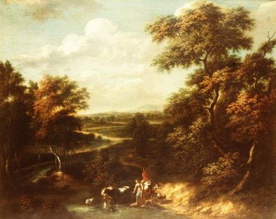Uma extensa paisagem arborizada com um pastor e uma camponesa. de Jan Philip Spalthof