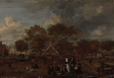 Fazenda com o fazendeiro cavalheiro e sua esposa e o pintor em primeiro plano de Jan Pietersz Opperdoes