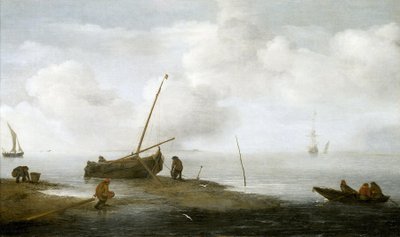Pesca de mexilhões, um barco de pesca na costa e três homens ocupados a recolher mexilhões nos seus cestos. Óleo sobre tela, 1622, de Jan Porcellis (1580-1632). de Jan Porcellis