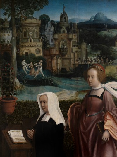 Detalhe do Doador com São Nicolau e Mulher do Doador com São Godeliva, c.1515-21 (óleo sobre painel) de Jan Provoost