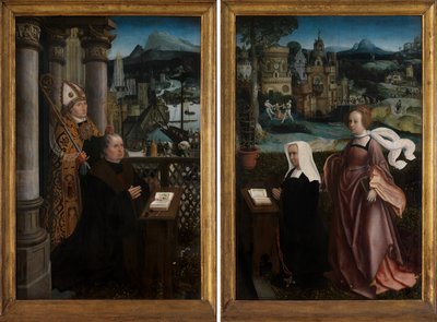 Doador com São Nicolau e esposa do doador com São Godeliva, c.1515-21 (óleo sobre painel) de Jan Provoost