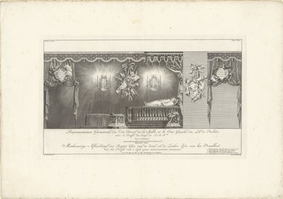 Lado direito do salão com a majestade do príncipe William IV, 1751 Representação Geometrale du Côte Droit (...) / Meetkonstige Imagem do Lado Direito do Salão e do Lado Esquerdo da Cama Splendor, com o Perfil de 