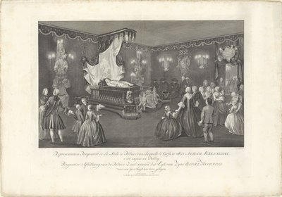 Salão com a Cama de Desfile do Príncipe Guilherme IV, 1751
Perspectiva de Representação da Salle de Parade (...) Perspectiva da Salle de Parade em que a Lyk de Zyne Doorl. Alteza está deitada perante um yder (título sobre o objecto)
Cama de desfile de W de Jan Punt