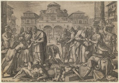 Os apóstolos distribuem o dinheiro aos necessitados, ca. 1600 de Jan Sadeler