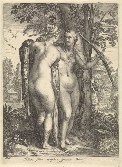 Diana e uma ninfa na frente de uma árvore Diana e suas ninfas (título da série) de Jan Saenredam